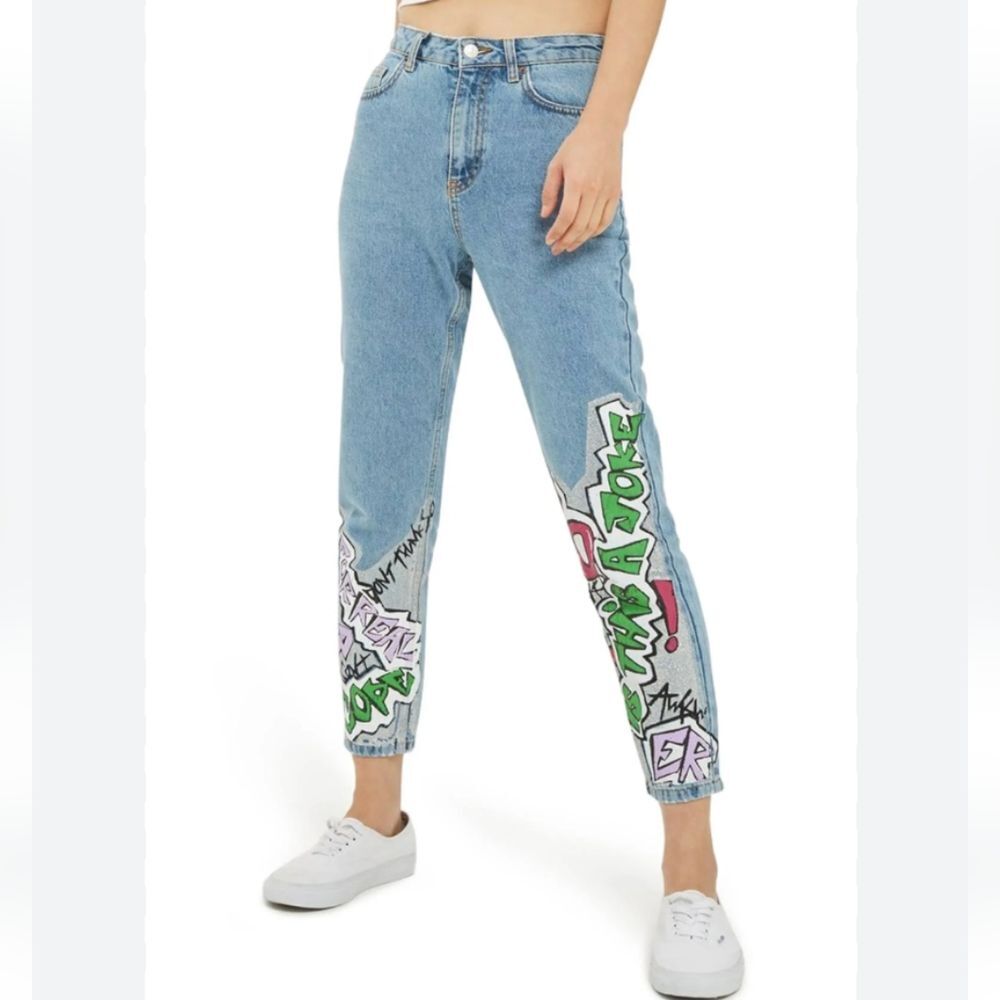 Topshop Moto Mom Jeans Hipster Graffiti Painted Size 32 High Rise Streetwear